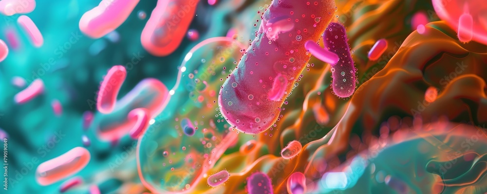 Microscopic view of saliva showing bacteria and enzymes, detailed and ...