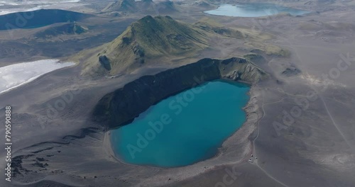 Aerial Tilt Up Backward Scenic View Of Famous Lake Amidst Rock Formation - Unknown, Iceland photo