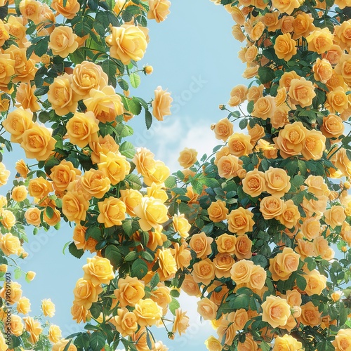A cascade of bright yellow roses in 3D, set against a clear sky backdrop. Seamless Pattern, Fabric Pattern, Tumbler Wrap, Mug Wrap.