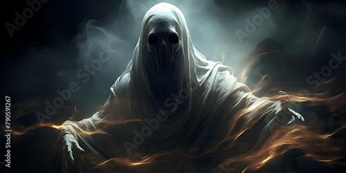  A man in a hooded robe, horror concept of ghost fling in the air surrounded by smoke on black background  photo