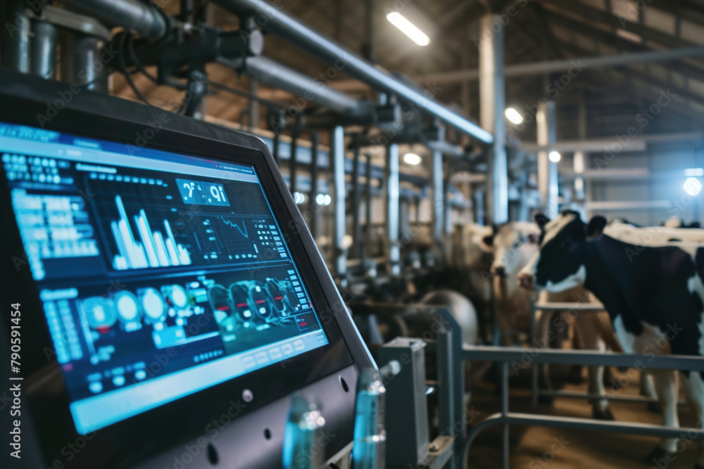 A high-tech cow farm managed by artificial intelligence. Dashboard with phrase AI and cows. A high-tech cow farm managed by artificial intelligence. Dashboard with phrase AI and cows.