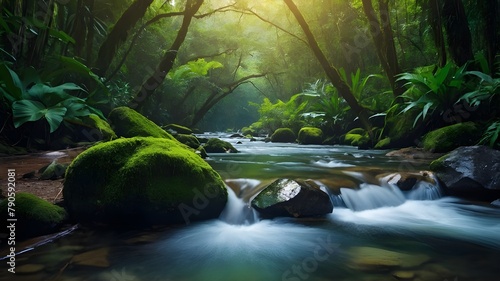 A Beautiful Painting of a Stream in a Lush Forest, Beautiful Waterfall and Lake in a Tropical Setting, Captivating Painting of a Tropical Forest Stream and Waterfall, Beautiful Stream with Waterfall i