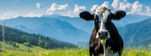 A black-and-white cow in a verdant meadow with mountains in the distance photo