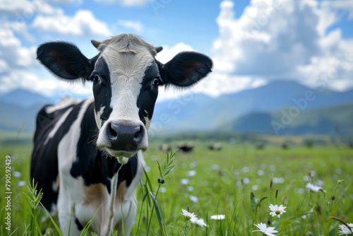 A black-and-white cow in a verdant meadow with mountains in the distance