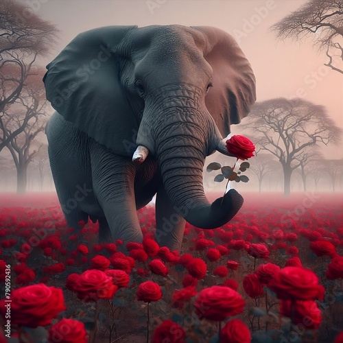 Majestic Elephant Amidst Blooming Red Roses photo