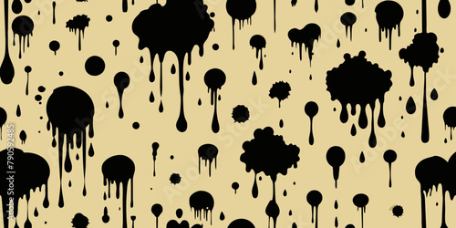 Black ink splatters of various sizes are scattered across a light background, giving the impression of paint dripping down a wall. The pattern is random, with large blotches.AI generated.