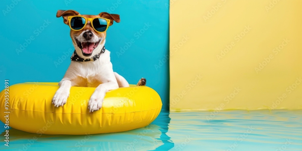 A happy canine with sunglasses sitting on an inflatable yellow ring against a bright background