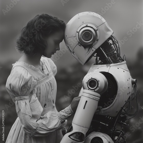 Craft a captivating scene of a love story blossoming amidst groundbreaking AI advancements Use high-angle framing and black and white photography to symbolize the contrast between artificial intellige photo