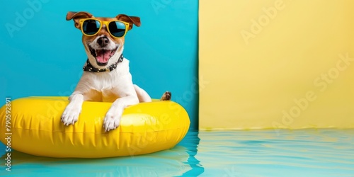 A happy canine with sunglasses sitting on an inflatable yellow ring against a bright background © Image