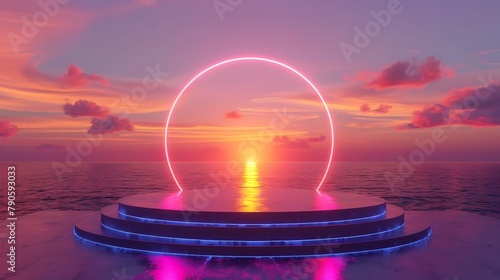 Neon-Lit Summer Podium with Vibrant Sunset Colors - Ideal for Trendy Night Events and Presentations