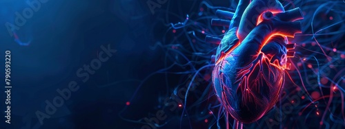 closeup of a human blue coloured heart illustration with blue glowing light and dark background photo