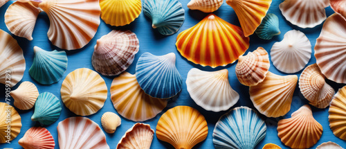 Bright colorful summer background from scallop sea shells © Linggakun