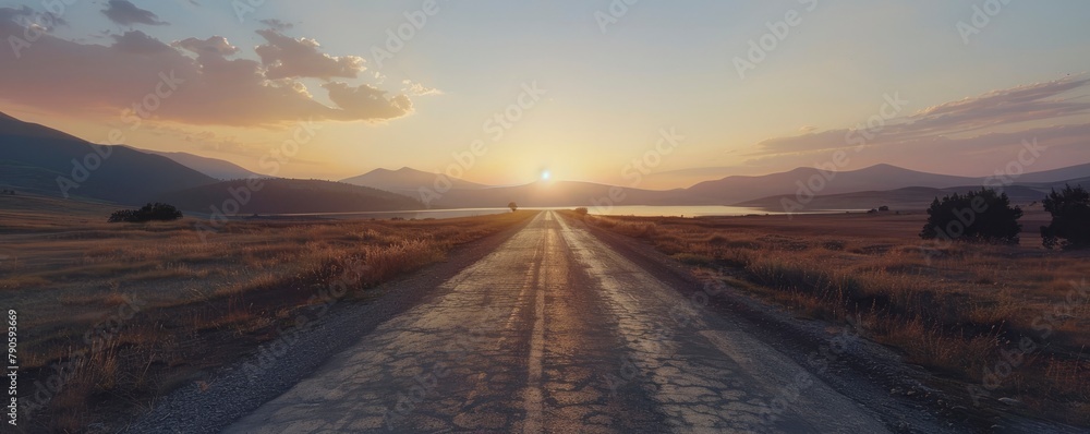A lengthy road that leads to the horizon, with mountains in the distance, a sunset, a lake, and the sky