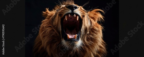 A roaring lion, its jaws gaping open to show its teeth,