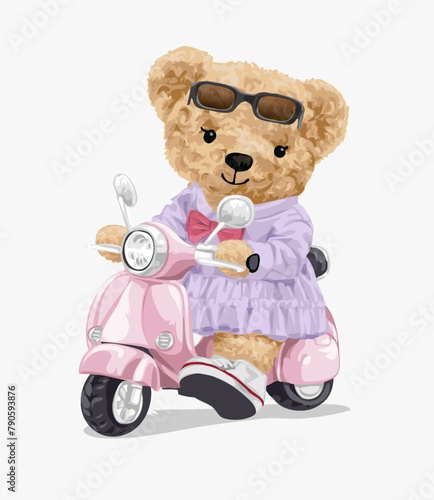 cute girly bear doll riding pink scooter hand drawn vector illustration