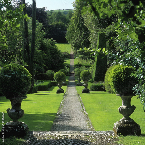 a Country House garden, with green lawns and paved pathways and well manicured trees  photo