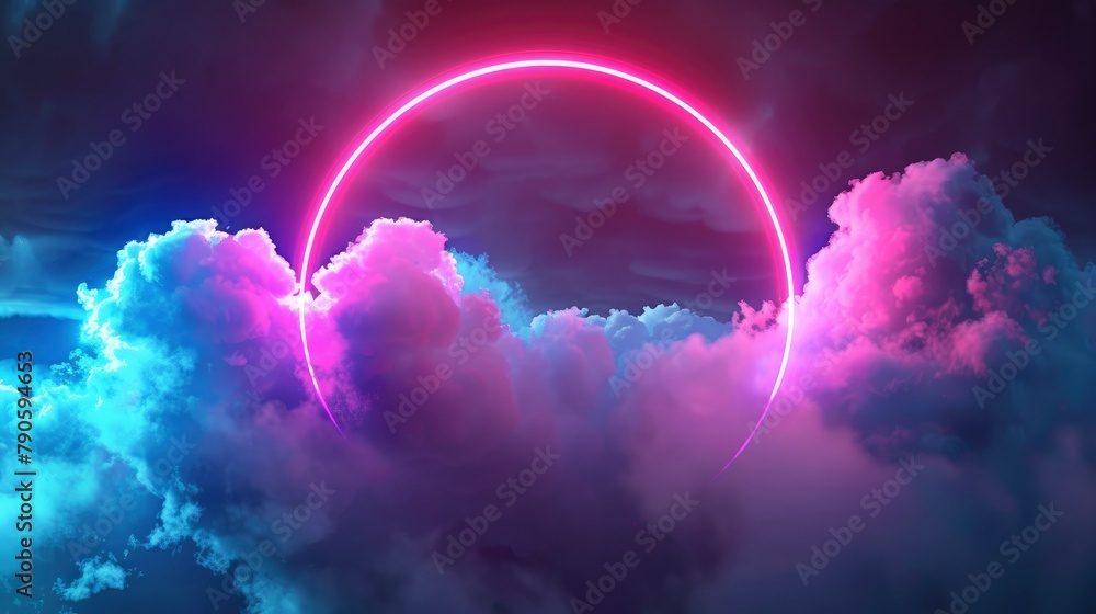 Abstract cloud over a black background with a neon light ring