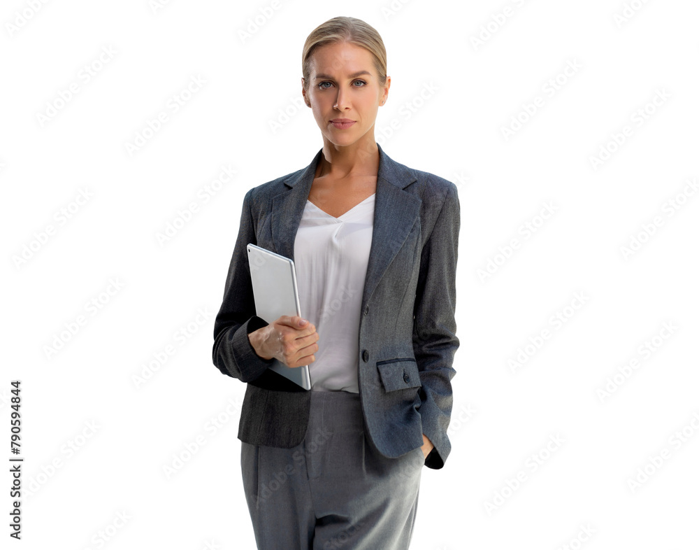 © ty - Portrait of young businesswoman holding touch pad while standing in modern office space interior. © ty - Portrait of young businesswoman holding touch pad while standing in modern office space interior.