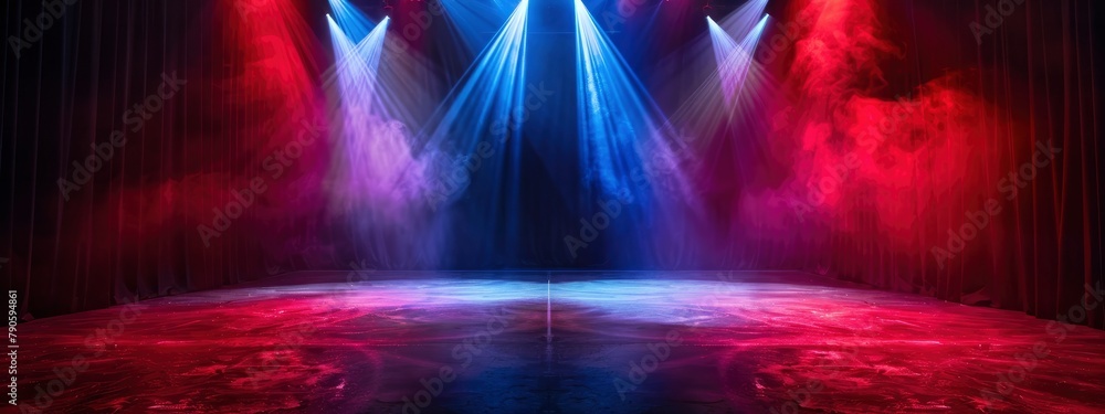 an empty stage with red and blue spot light and foggy environment