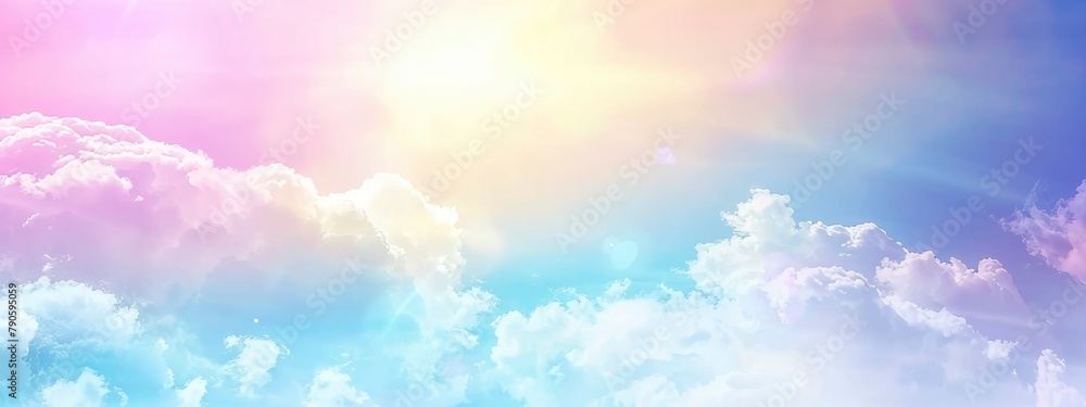 Soft blue sky, white clouds, gradient, and rainbow-colored pastels all come together to create a stunning blurred pastel background. - obrazy, fototapety, plakaty 