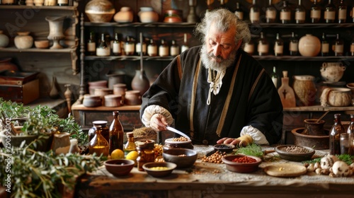 An aged apothecary in historical attire meticulously preparing natural remedies among antique surroundings