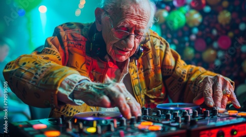 Elderly man showcasing his DJ skills with enthusiasm at a vibrant party setting