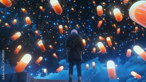 Surreal image of an elderly man gazing at a cosmic sky filled with oversized floating capsules