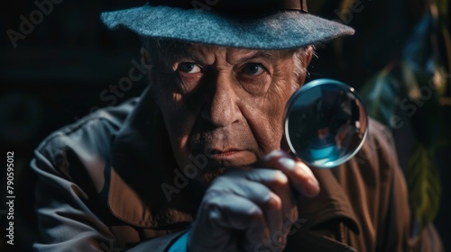 Intense elder detective scrutinizes clues closely with magnifying glass in a noir-themed ambiance