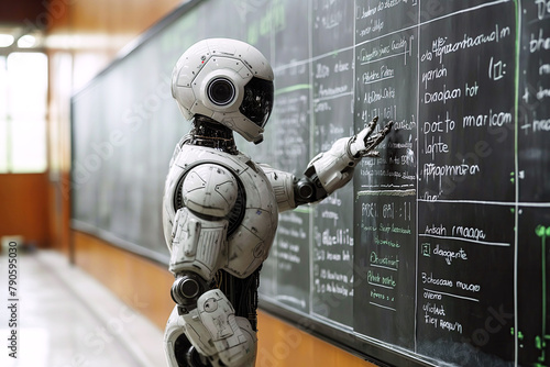 modern student robot stands at blackboard in classroom during lesson