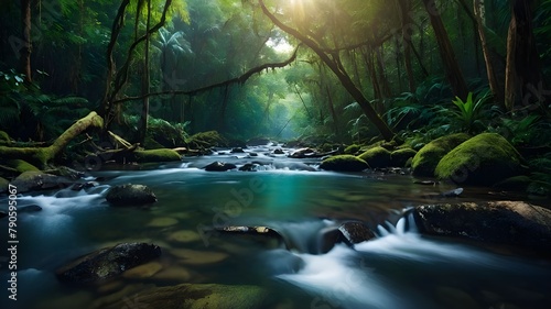 A Beautiful Painting of a Stream in a Lush Forest  Beautiful Waterfall and Lake in a Tropical Setting  Captivating Painting of a Tropical Forest Stream and Waterfall  Beautiful Stream with Waterfall i