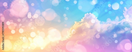 Soft blue sky, white clouds, gradient, and rainbow-colored pastels all come together to create a stunning blurred pastel background.