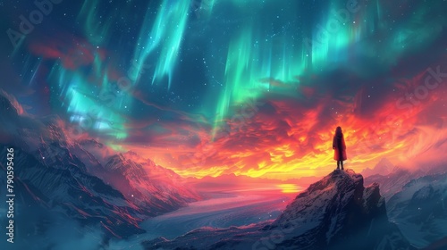 Stunning Aurora Borealis over snowy mountains with vibrant green hues and fiery sky