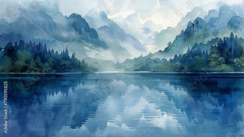 Tranquil mountain lake mirroring foggy peaks and lush forests in atmospheric blue tones