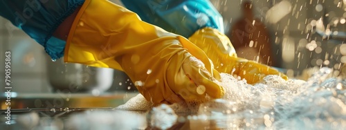 A close-up of hands cleaning dishes in the kitchen sink while donning yellow rubber gloves, surrounded by froth and bubbles photo