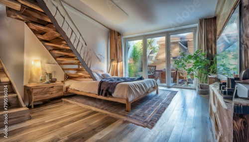 well decorated bedroom in apartment with a wood-deck staircase in the foreground and window from street view Ai Generated photo