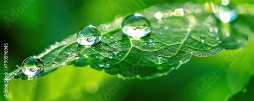 Water droplets close up on a green leafs margin
