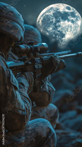 Capture the moment before decision, two soldiers aiming their weapons, under the watchful eye of a full moon