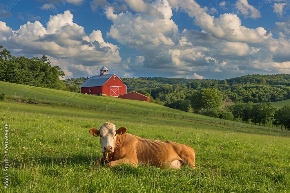 A contented cow lying in a green pasture, chewing cud with a traditional red barn in the background, capturing the timeless connection to dairy production. - obrazy, fototapety, plakaty 