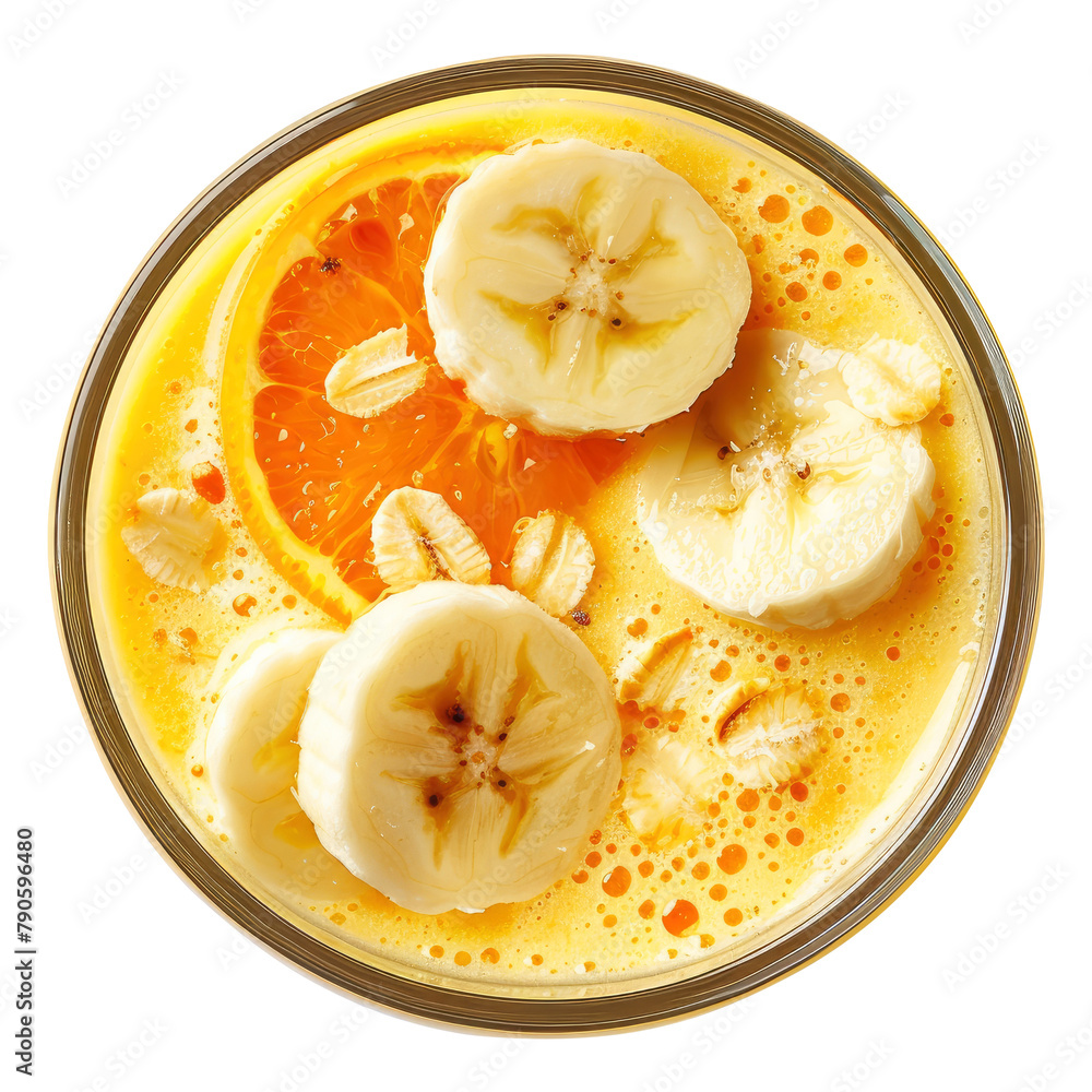 A glass of orange banana vanilla yogurt smoothie top view isolated on transparent background Remove png, Clipping Path, pen tool A glass of orange banana vanilla yogurt smoothie top view isolated on transparent background Remove png, Clipping Path, pen tool