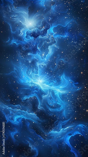 Electric blue currents ripple through space, connecting stars in a dynamic, abstract galaxy