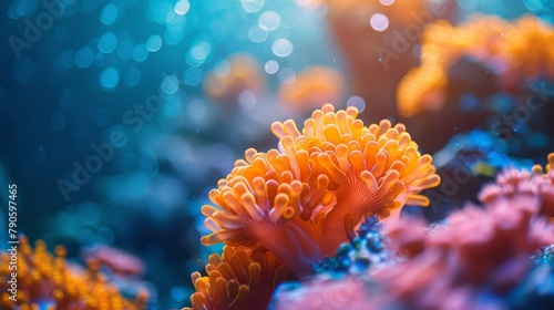 Vibrant coral reef illuminated by sunlight under clear blue water © Vilayat