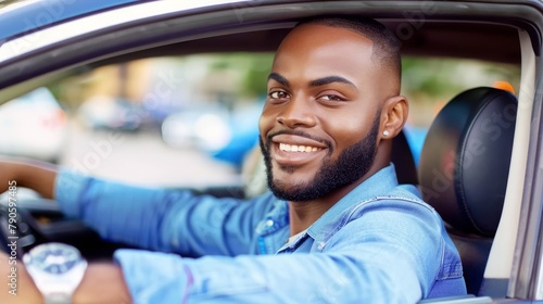 Closeup portrait happy smiling young man buyer sitting in his new car excited ready for trip isolated outside dealer dealership lot office. Personal transportation auto purchase concept © JovialFox
