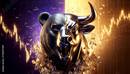 crypto icon half head bear and half head bull on charts background in purple and gold colors