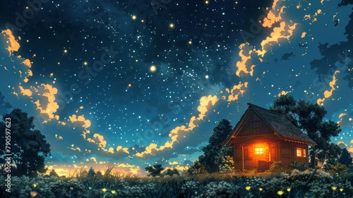 Enchanted cottage under a starlit sky with warm orange horizon photo