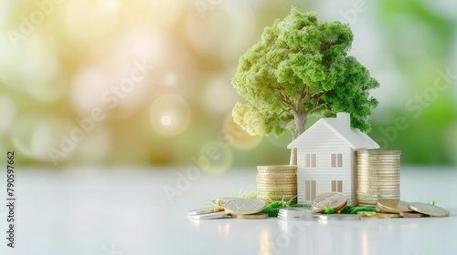 Home with stack gold coin and the tree with growing interest put on the top in the public park, Saving for buy house or loan for business investment with construction the real estate concept. photo