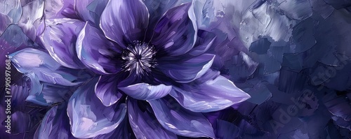An gorgeous purple flower with petals and a large, lovely bloom in its middle is shown in an oil painting.