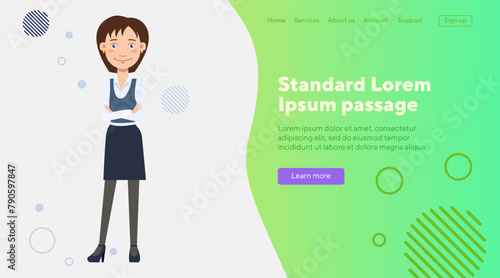 Confident business lady character. Flat vector illustration. Young woman with folded arms in office outfit. Business, occupation, office worker concept for landing page or banner design