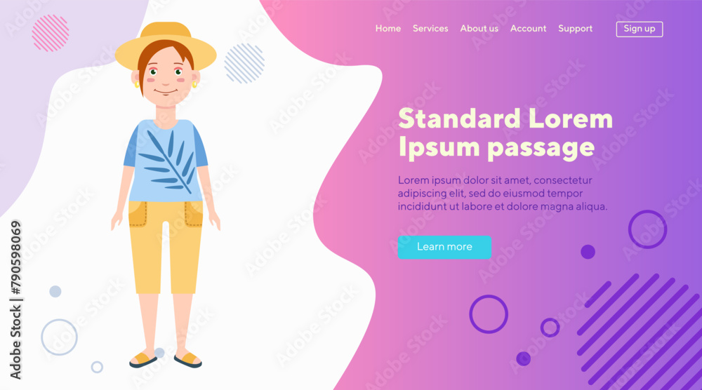 Happy female tourist in sun hat. Flat vector illustration. Middle-aged woman in T-shirt and shorts going for vacation. Travel, vacation, journey, tourism concept for web design, banner or landing page Happy female tourist in sun hat. Flat vector illustration. Middle-aged woman in T-shirt and shorts going for vacation. Travel, vacation, journey, tourism concept for web design, banner or landing page