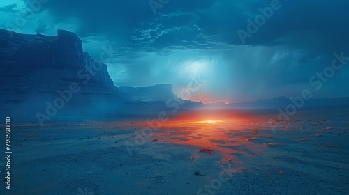 Majestic desert sunset with dramatic lightning under a stormy sky