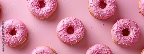 flavourful pink donut decorate with sprinkle on pink background photo